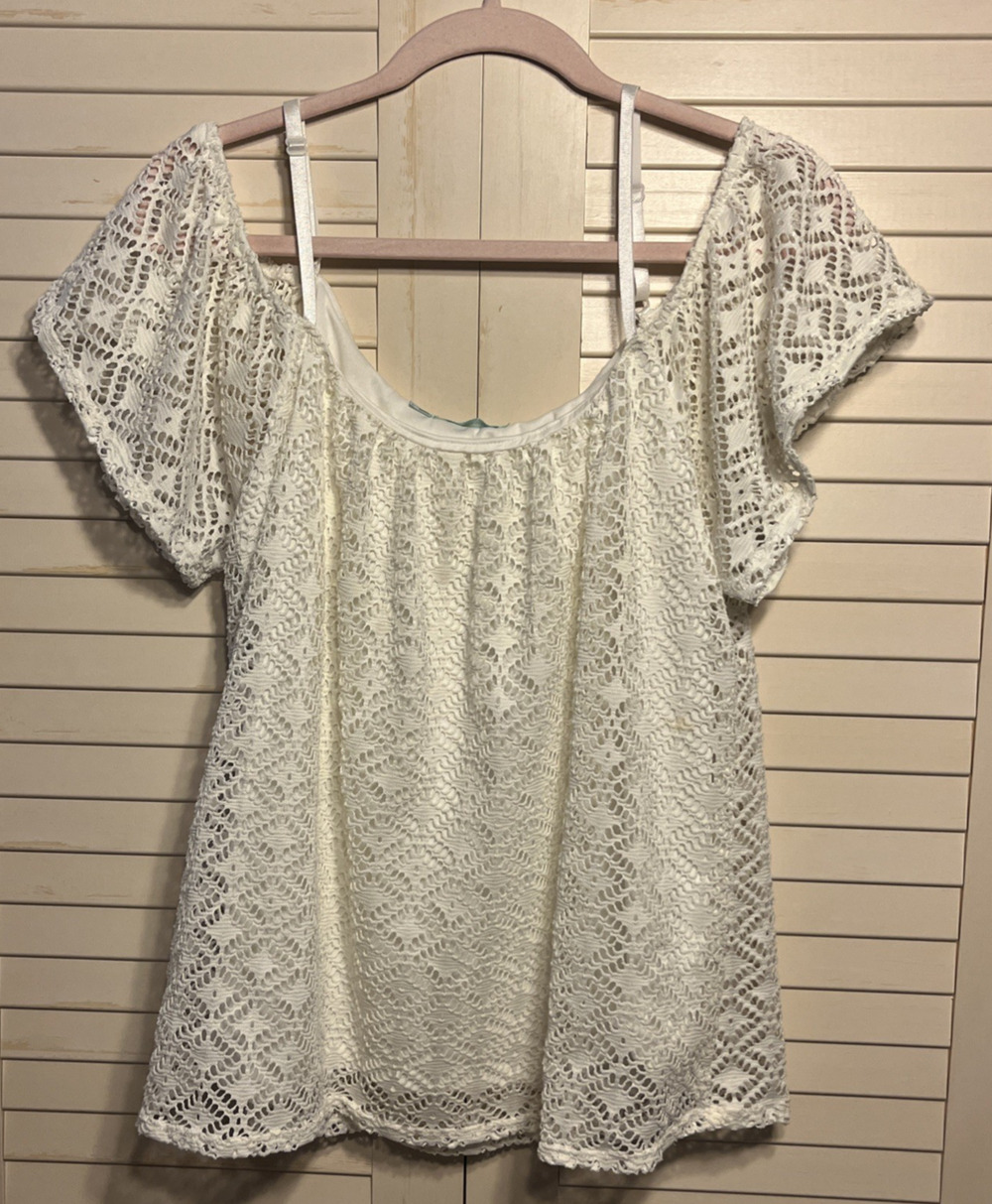 Maurices Off-Shoulder Short Sleeve Blouse Sheer Lace Cream Women’s Size Large